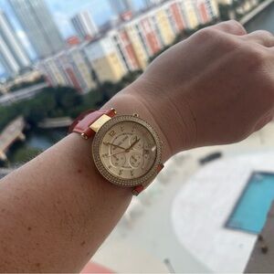 Michael Kors Gold Crystal-Accented Watch with Orange leather Strap